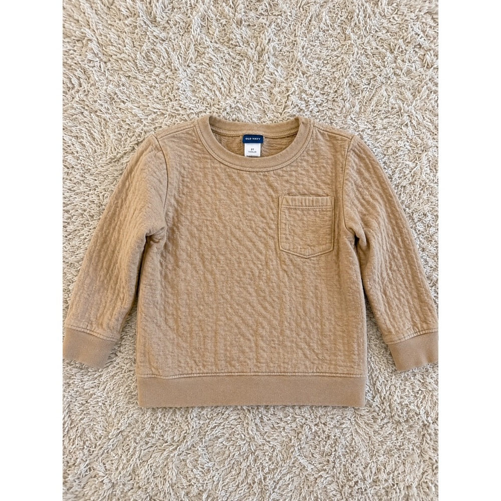 Old Navy Toddler Tan Quilted Long Sleeve Pullover Sweatshirt Pocket Top 18-24M